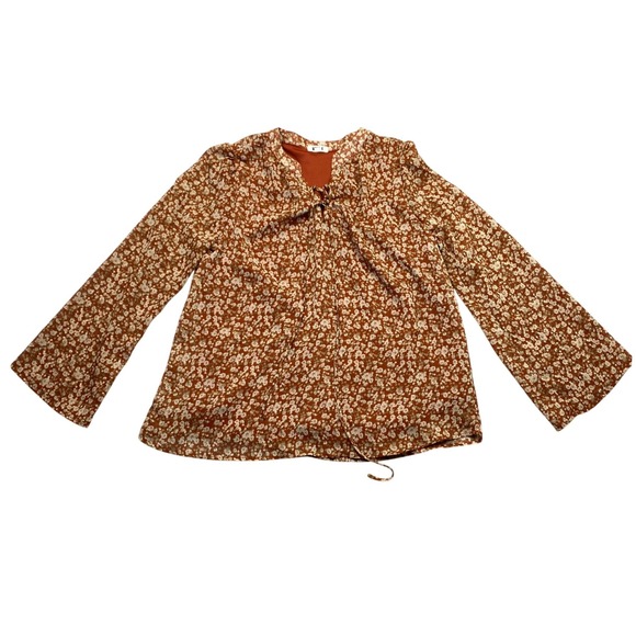 West K Tops - West K Jessica Rust Orange Floral Ditsy Print Tie Neck Bell Sleeve Blouse Sz L‎